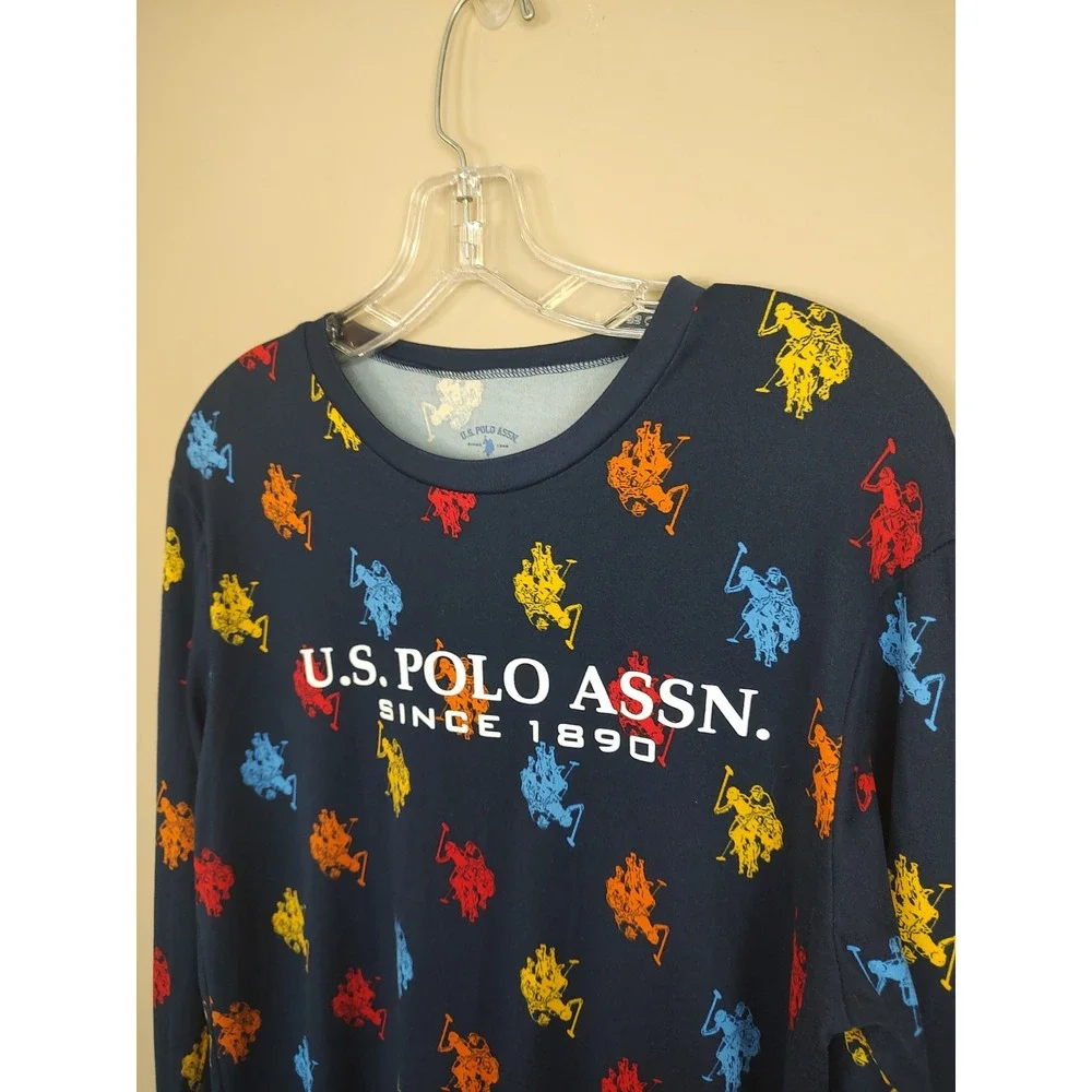 US Polo Assn Kids Navy Blue All Over Logo Long Sleeve Pajama‎ Top Size 18